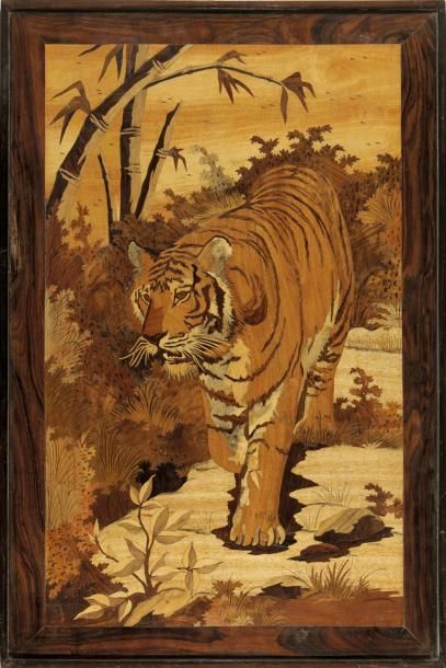 null Marqueterie sur bois encadrée représentant un tigre H. 93 cm L. 62 cm