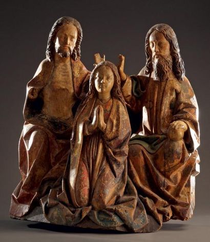 null Important groupe représentant le Couronnement de la Vierge en tilleul sculpté...