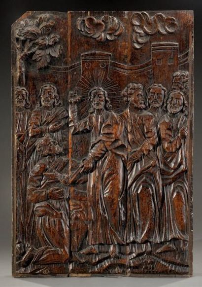 null Grand panneau en chêne sculpté d'une scène de la vie du Christ XVIIe siècle...