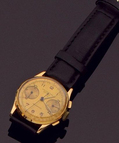 null Bracelet montre chronographe d'homme, en or jaune et bracelet en cuir noir boucle...