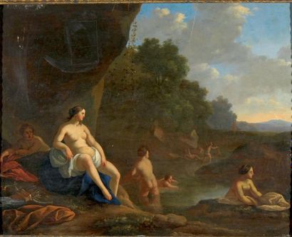 Jacques DUMONT (1701-1781) dit DUMONT Le ROMAIN Le bain des nymphes Panneau de chêne,...