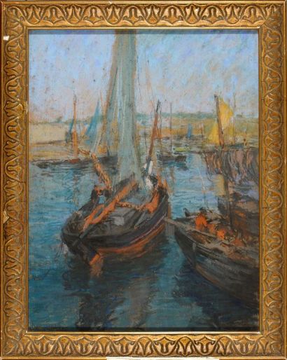 René Pinard (1883-1938) Bateaux de pêche dans un port breton Pastel, signé et daté...