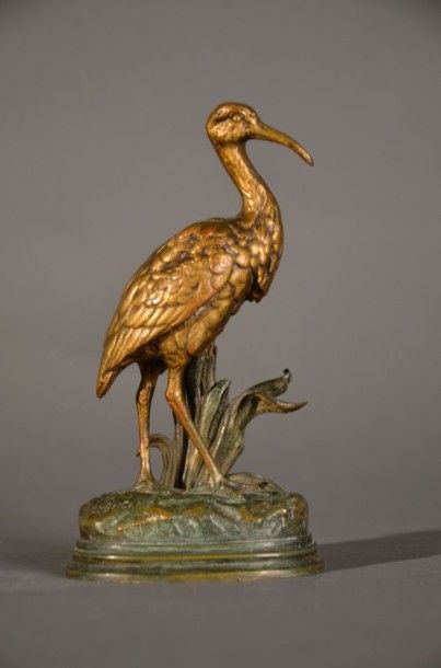 Alfred DUBUCAND (1828-1894) La grue Bronze à deux patines, signé sur la terrasse,...