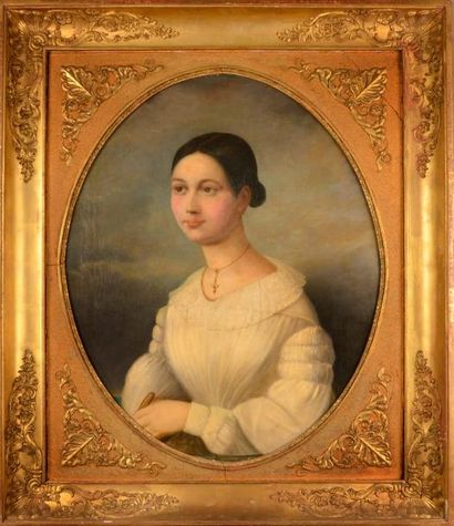 Ecole FRANÇAISE vers 1830 Portrait d'une jeune femme à la robe blanche Huile sur...