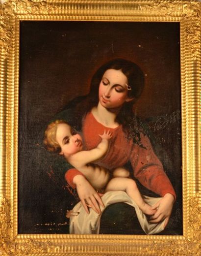 Ecole Italienne du XIXe siècle Vierge à l'enfant  Huile sur toile H. 91 cm L. 73...
