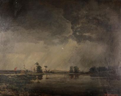 Claude Pierre François. SAINT-CYR GIRIER (1827-?) Scène d'orage sur la Dombe Huile...