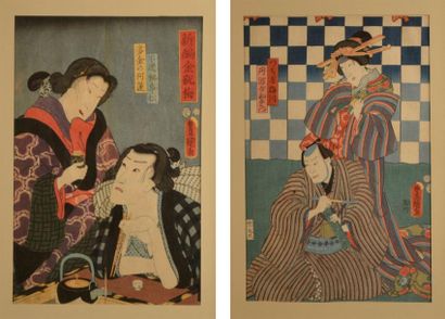 JAPON - Epoque MEIJI (1868 - 1912) Deux estampes oban tate-e par Toyokuni III, fumeur...