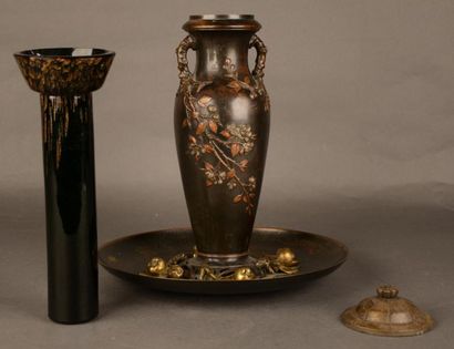 FRANCE - XIXe siècle Vase sur une coupe en bronze à patine brune et cuivre doré décoré...