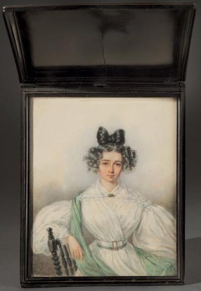 Candide BLAIZE (1795-1855) Grande miniature sur papier Jeune femme assise de face...