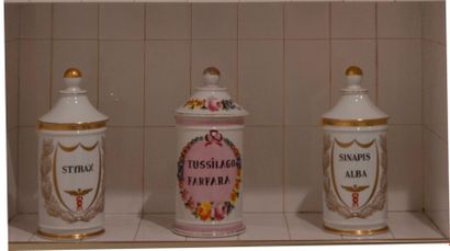 null Trois pots à pharmacie couverts en porcelaine polychrome et dorée De style XIXe...