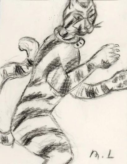 Mikhail LARIONOV (1881-1964) Chat tigré, circa 1920 Fusain sur papier monogrammé...