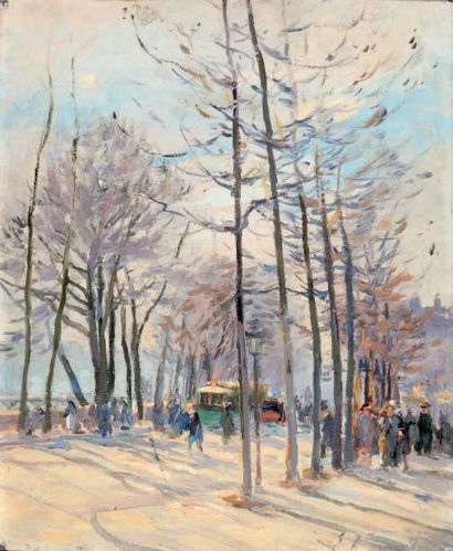 Élie Anatole PAVIL (1873-1948) Quai animé bordé d'arbres au bord de la Seine Huile...
