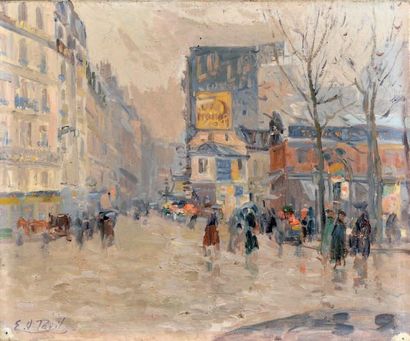 Élie Anatole PAVIL (1873-1948) Place animée à Paris Huile sur toile signée en bas...