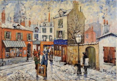 Piotr Ivanovitch PETROVICHEV (1874-1947) Rue animée de Montmartre sous la neige Huile...