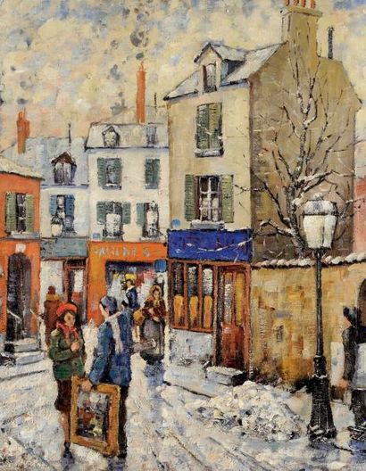 Piotr Ivanovitch PETROVICHEV (1874-1947) Rue animée de Montmartre sous la neige Huile...