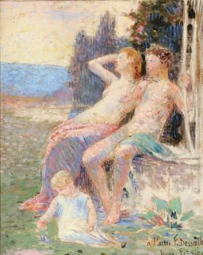 Hippolyte PETITJEAN (1854-1929) Couple et enfant dans un paysage Huile sur toile,...
