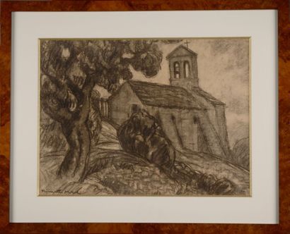 Henriette MOREL (1884-1956) Église romane Fusain signé en bas à gauche H. 29 cm -...