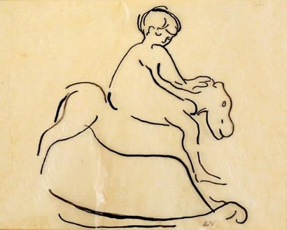 Louis VALTAT (1869-1952) Le cheval de bois Encre de Chine sur papier calque monogrammée...