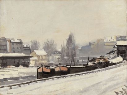 Roger FORISSIER (né en 1924) Péniches à quai sous la neige Huile sur toile signée...