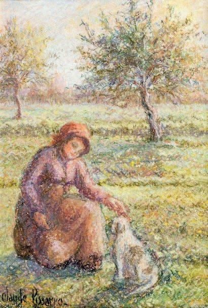 Hugues Claude PISSARRO (1935) Lucie et la petite chienne bengale Pastel signé en...