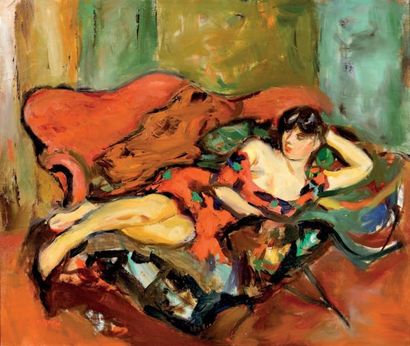 Pierre CORNU (1895-1996) Jeune fille au sofa Huile sur toile signée en bas à droite...