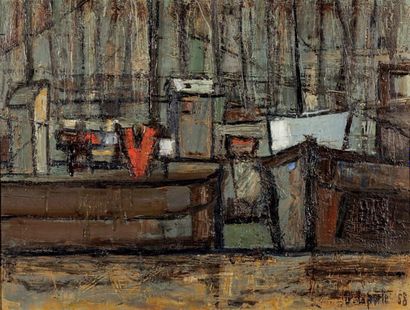Georges LAPORTE (1926-2000) Péniches à quai Huile sur toile signée et datée (19)58...