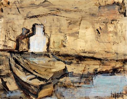 Georges LAPORTE (1926-2000) Barque au port Huile sur papier signée en bas à droite...
