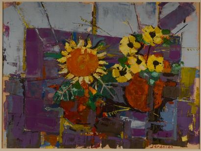 Richard JERANIAN (né en 1921) Deux vases de fleurs Huile sur carton signée en bas...