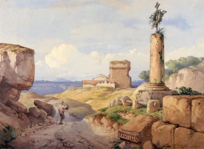 Hippolyte LEYMARIE (1809-1844) Le calvaire sur les ruines romaines, Provence Aquarelle...