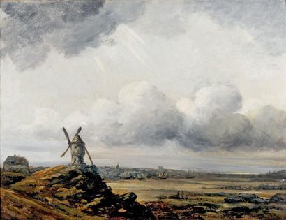 Georges MICHEL (1763-1843) Paysage au ciel orageux et moulin Huile sur toile H. 60...