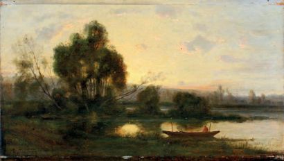 Charles DESHAYES (1831-1895) Barque au clair de lune Huile sur Panneau signée en...