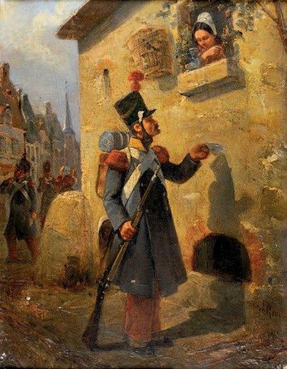 Jules RIGO (1810-1892) La lettre du grenadier Huile sur toile signée en bas à droite...