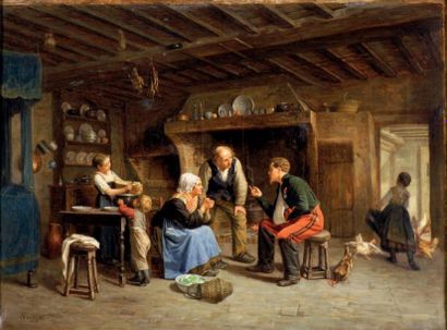 PAUL SEIGNAC (1826-1904) Le retour du conscrit Huile sur toile signée en bas à gauche...