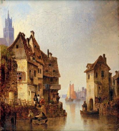 Ludwig HERMANN (1812-1881) Le canal dans le Nord Huile sur toile signée en bas à...