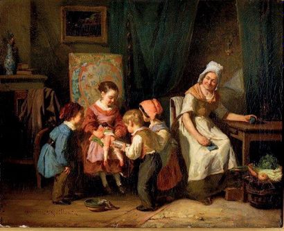 Alexandre Marie GUILLENIN (1817-1880) Enfant soignant une poupée avec un clystère...