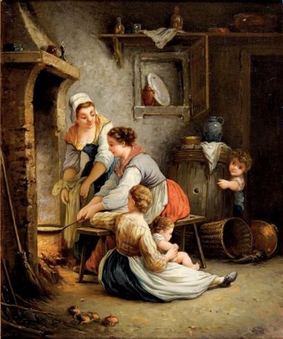 Jules LEONARD (1827-1897) La cuisine dans la cheminée Huile sur toile signée en bas...