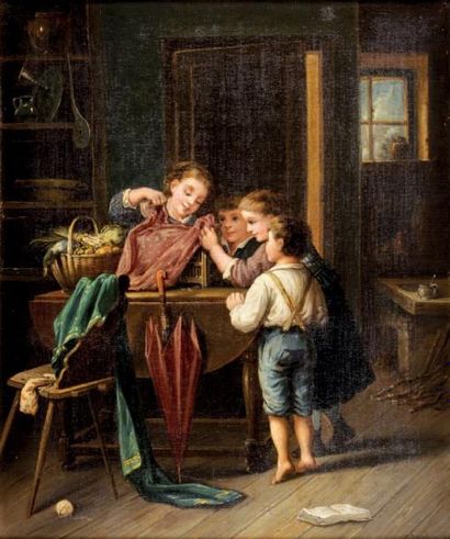 Jules LEONARD (1827-1897) Enfants découvrant une cage Huile sur toile, trace d'une...