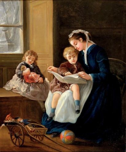 Jules LEONARD (1827-1897) L'apprentissage de la lecture Huile sur toile signée en...