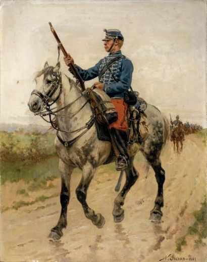 Nicolas SICARD (1840-1920) Le hussard Huile sur panneau d'acajou signée en bas à...