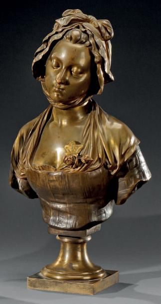 F. LAURENT (1859-1909) J Jeune fille au fichu et à la moue boudeuse Bronze à double...
