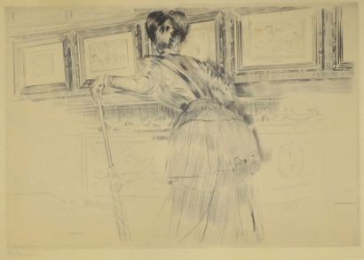 Paul César HELLEU (1859-1927) Mme Helleu devant les dessins du Louvre. Eau-forte...