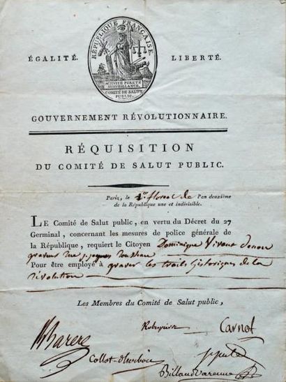 null ROBESPIERRE / SAINT-JUST. Pièce signée par Maximilien Robespierre, Carnot, Barrère,...