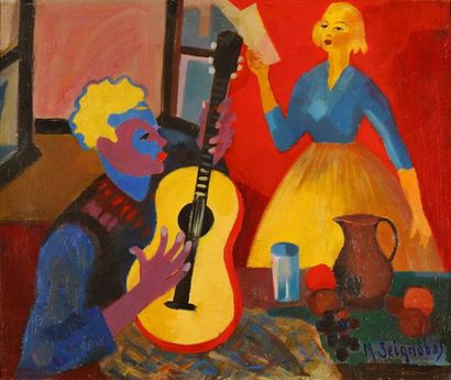 Marcel SEIGNOBOS (1892-1972) La chanteuse et le guitariste Huile sur toile, signée...