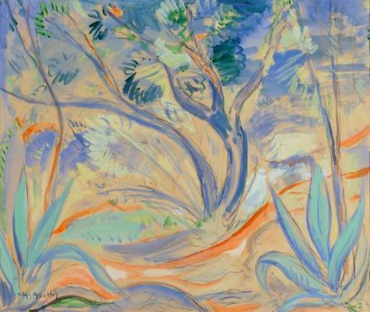 FELY-MOUTTET (1893-1953) Paysage provençal Aquarelle, fusain et rehauts de gouache,...