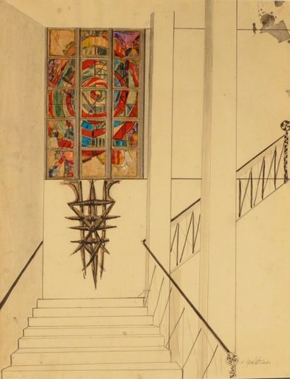 Crikor GARABETIAN (1908-1993) Etude pour le décor d'un escalier monumental Technique...