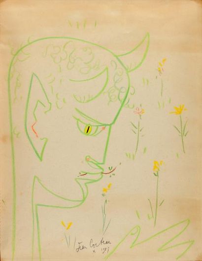 Jean COCTEAU (1889-1963) Faune et fleurs Pastel, signé en bas au centre et daté 1957....