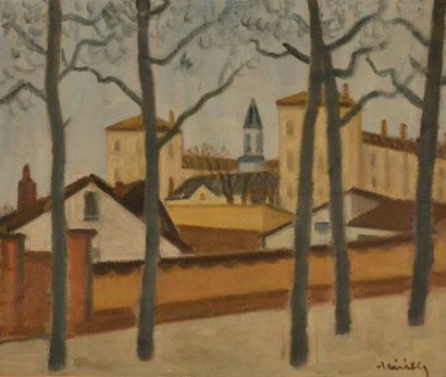 Henri VIEILLY (1900-1979) Paysage urbain aux grands arbres en hiver Huile sur toile,...