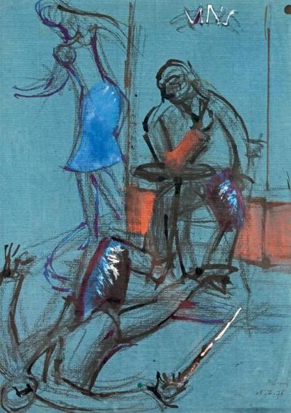 Jean HÉLION (1904-1987) Scène dramatique à la terrasse d'un café Encre noire et aquarelle...