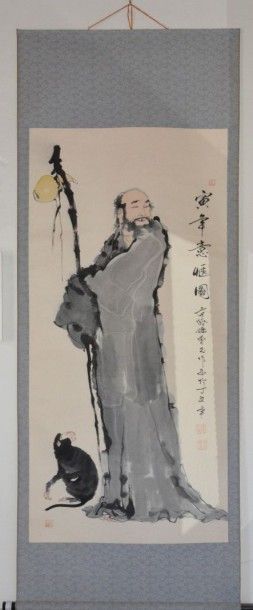 CHINE, XXe siècle Vieux sage avec sa canne et un singe Estampe H. 131 cm - L. 62...