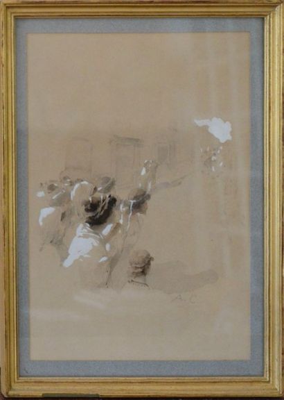 Antoine CALBET (1860-1944) Procession Dessin, lavis et rehauts de blanc, monogrammé...